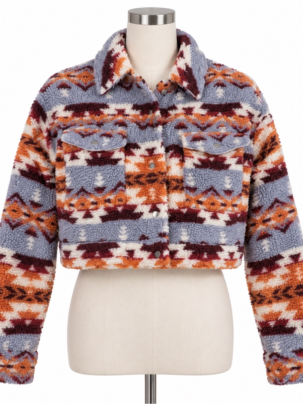 Forever 21 Jacket Womens Medium Gray Sherpa Fleece Cropped Aztec Southwestern